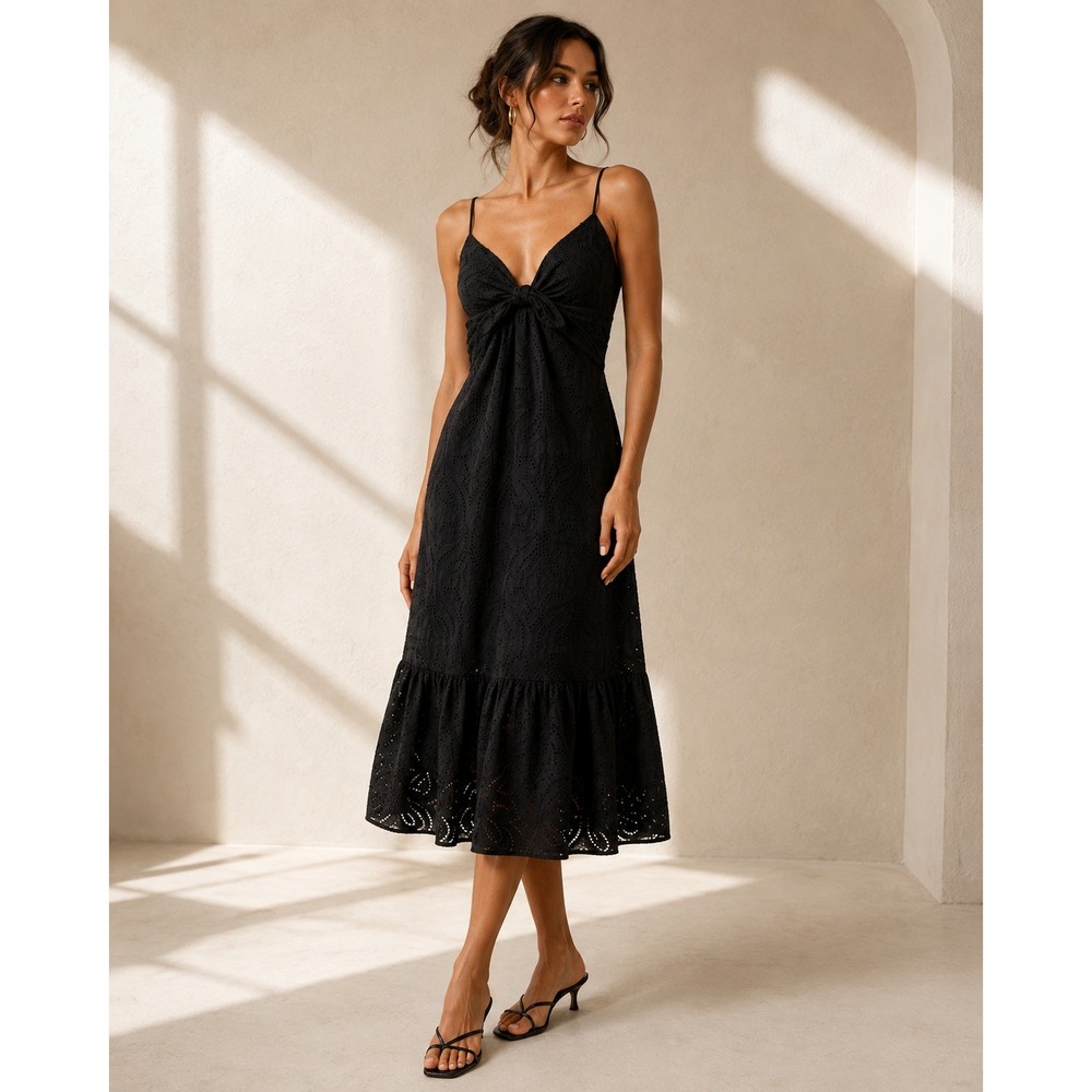 Banana Republic Midi Dress Womens XS Black Eyelet Twist Front Smocked Vacation